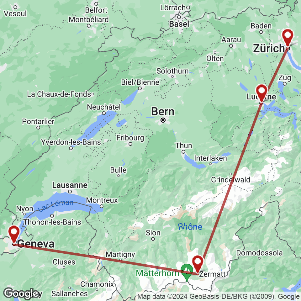 Route for Zurich, Lucerne, Zermatt, Geneva tour